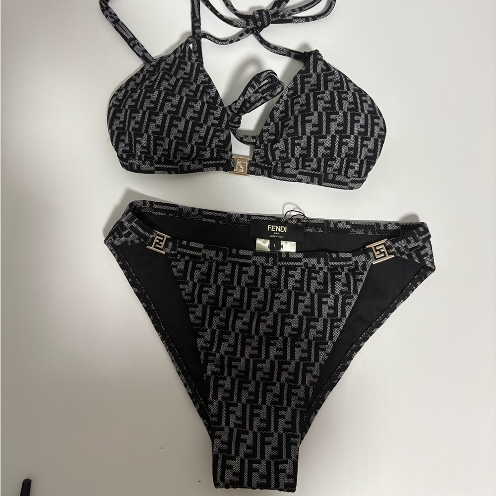 FENDI FF Monogram Metal Logo Two Piece Bikini Swimsuit